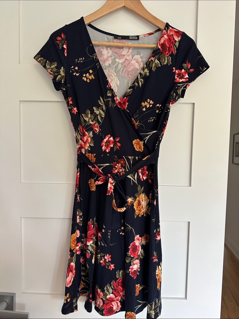 No Boundaries Black Wrap Midi Dress with Red & Yellow Floral Print